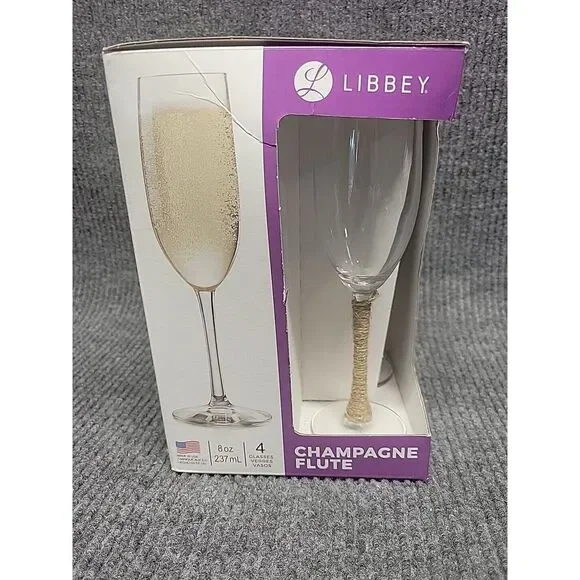 Libbey Champagne Flute Set of 4 Clear Glass 8oz‎ Twine Wrapped Rustic Wedding