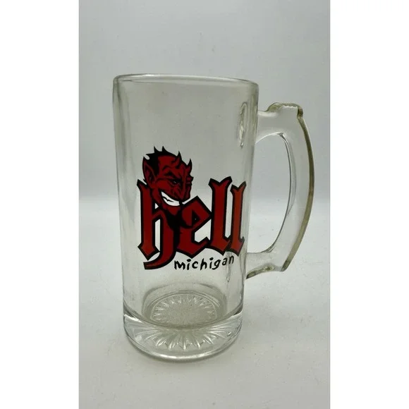 Vintage Hell Michigan Devil Logo Glass Beer Mug Stein Souvenir Barware