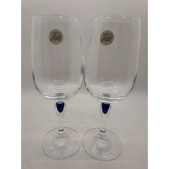 Pair Cristal d'Arques Courvoisier Blue Stem Lead Crystal Wine Glasses France