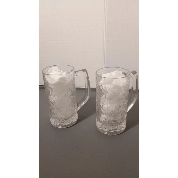 Princess House Fantasia Beer Mug Set 2 Clear Excellent Embossed Poinsettia Glass