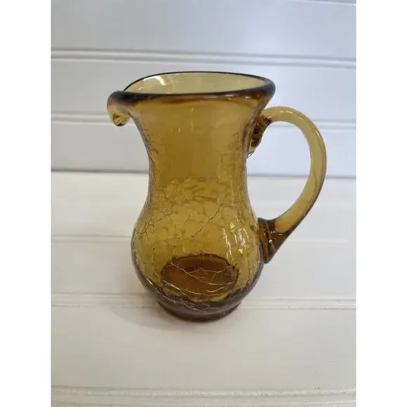 Vintage Pitcher Vessel Cottagecore MCM Amber Crackle Glass 4 1/4