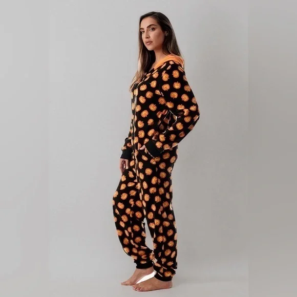Adult Onesie Pumpkin Pajamas w/ Hood, Large