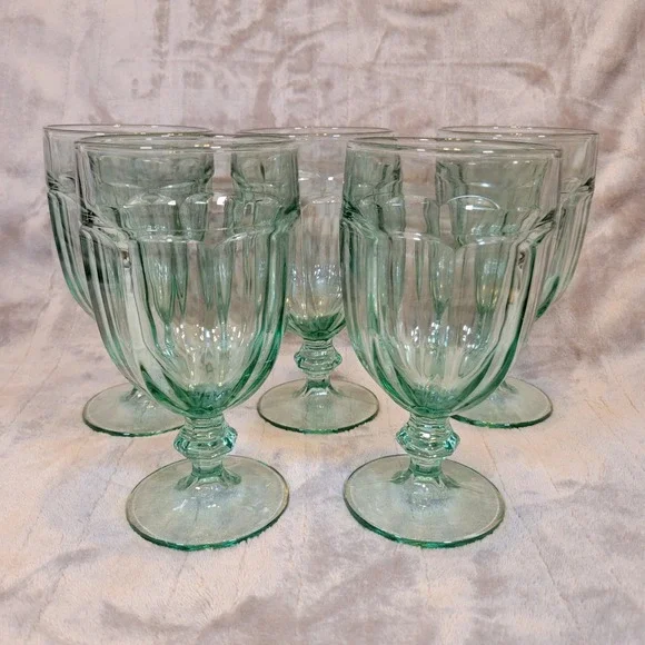 VTG Libbey Duratuff Goblets Set‎ of 5 Spanish Green Paneled Iced Tea Glass 12oz