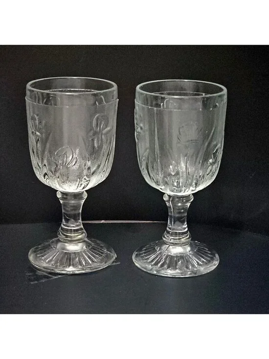 2 Jeanette Iris Port Wine Glasses 3oz Depression glass 1930s floral textured