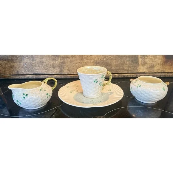 Beleek  Shamrock  Basket  Weave  Open Sugar  Creamer  & Cup AND Saucer Vintage