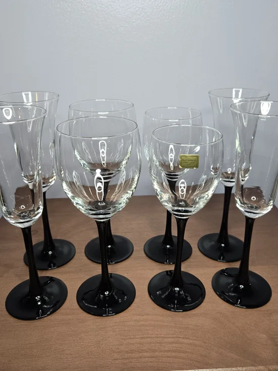 Vintage LUMINARC France Stemware Complete Service For Two, Elegant Black Stem