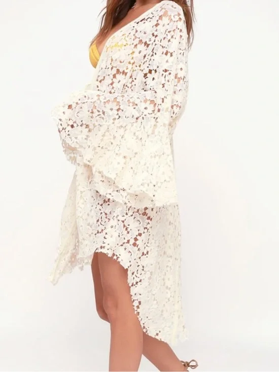 Free People (intimates) Cream Lace Open-Front Kimono Cardigan/ Robe Size M