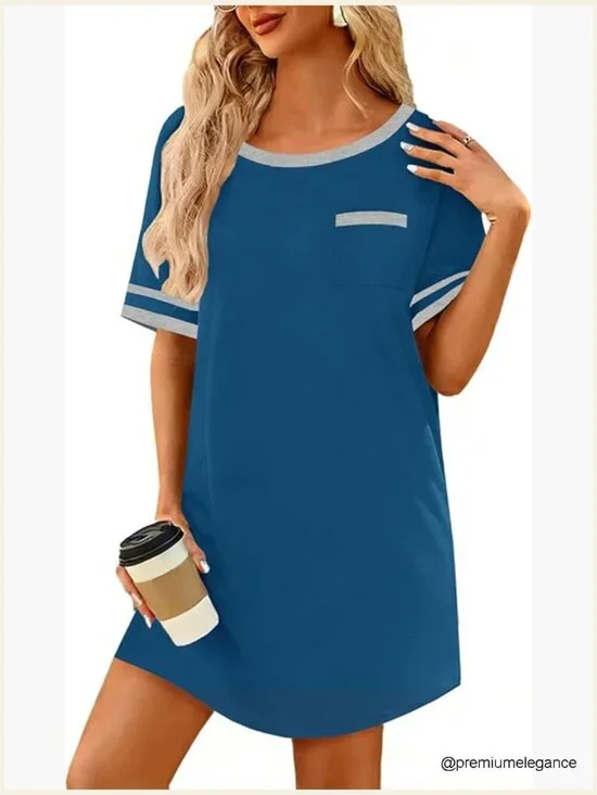 Cotton Nightgown Sleep Shirt Soft Breathable Short Sleeve Crew Neck with Pocket