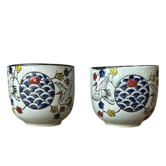 2 EBROS GIFT Sake/Tea Cups Flying White Cranes Red Moon Night Sky Asian Ceramic