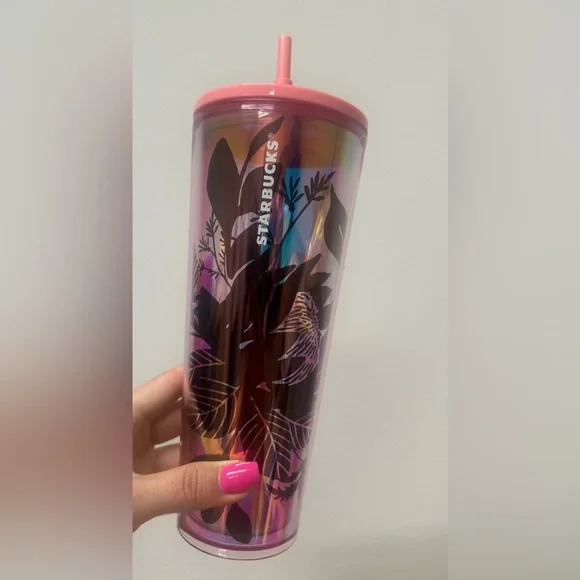 Starbucks Pink Iridescent Palm Cactus Floral Tumbler.