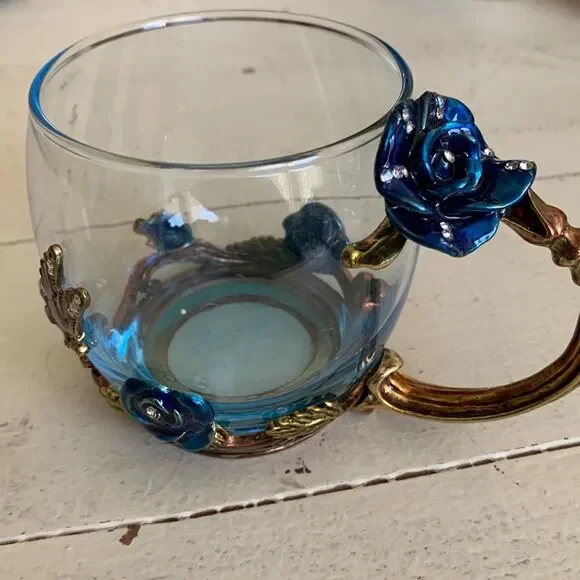 ARC of France Clear Glass Cup Mug Enamel Floral Butterfly With Clear Stone