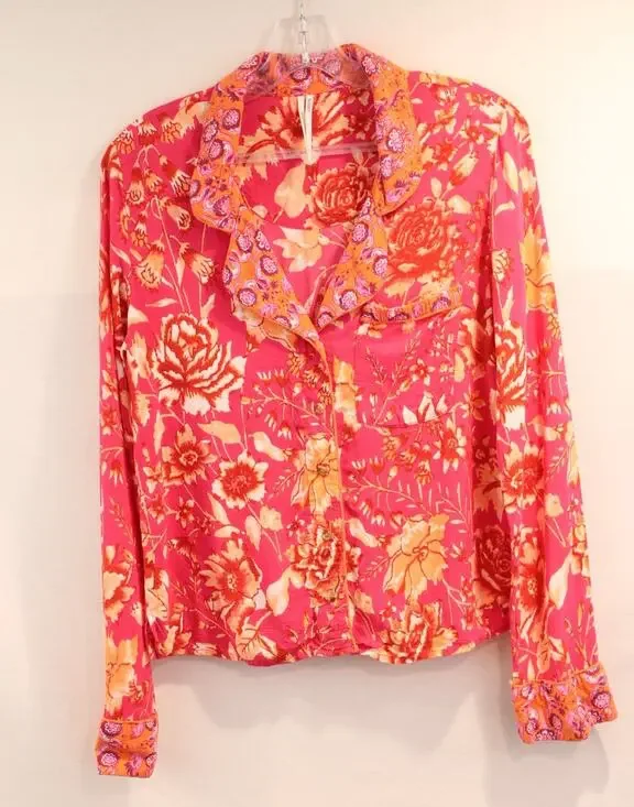 Anthropologie Kari Rayon Pajama Top Womens size S Pink Floral Mix Patchwork Trim