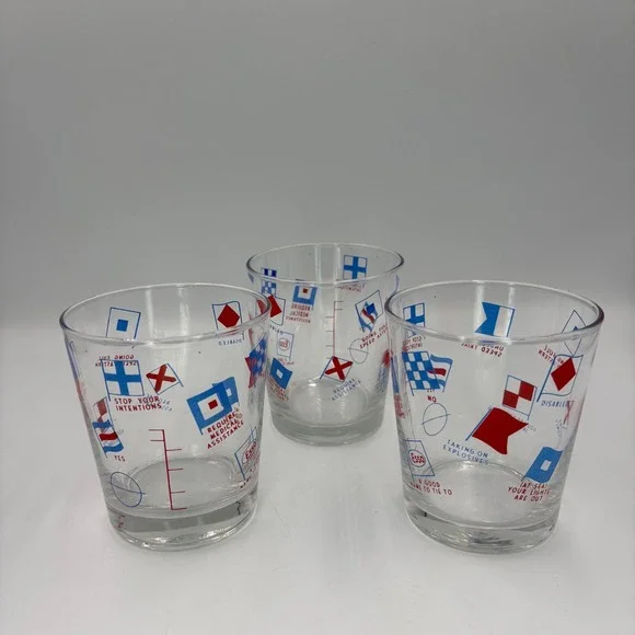 Esso Nautical Signal Flag Rocks Glasses Set of 3 Clear Red Blue Good Vintage