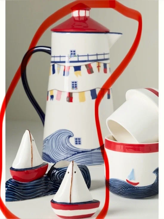 Set of 2!! Anthropologie maritime collection Flag Ceramic Pitcher with shakers
