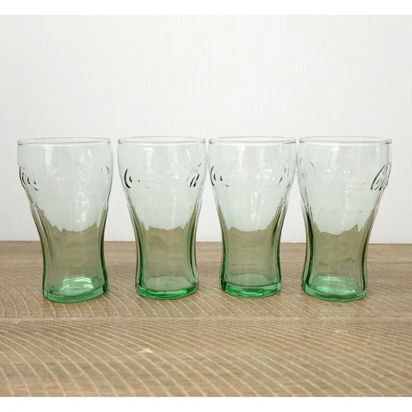 Set Of 4 Coca-Cola Libbey Green Glasses - 6.25 Oz- Made In USA - Contour Shape