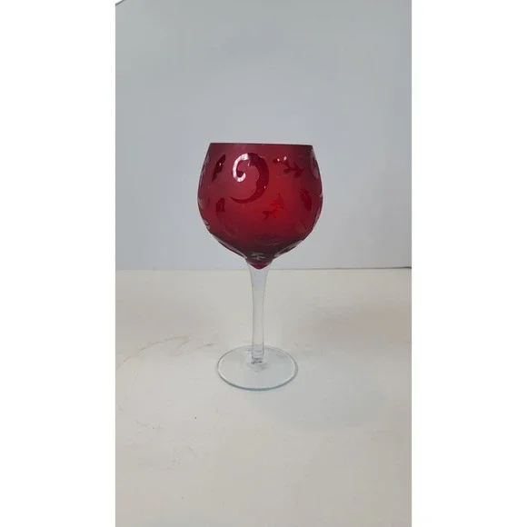 Ruby Red Glass Etched Floral Scrolls Pair of Toasting Balloon Wine Glasses