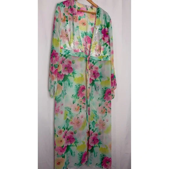 Delicates Vintage Floral Maxi Robe Sheer Chiffon Satin Tie Front Pink XL/XG Soft