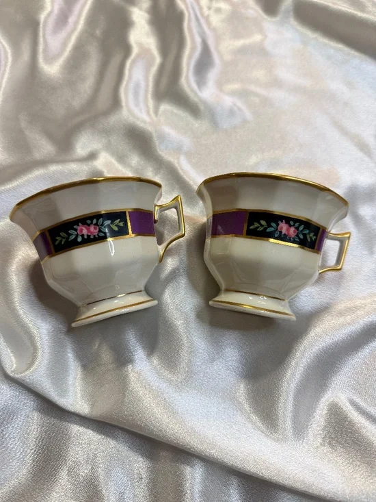 Pair Antique T&V Limoges France Porcelain Tea Cups Floral Gold Trim No Saucers