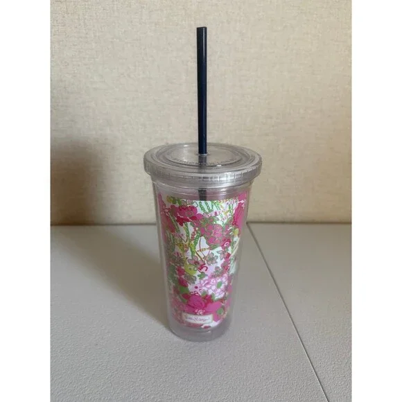 Lily Pulitzer Travel Tumbler Lid & Straw Pink & Green White Flowers Plastic