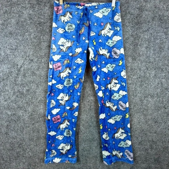 Saturdaze‎ Pajama Pants Womens Medium Blue Fleece Unicorn Rainbow Clouds Print