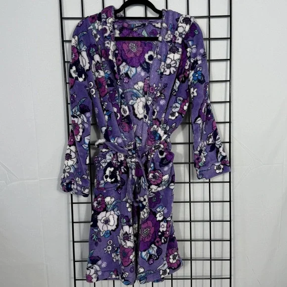 Vera Bradley Enchanted Garden Cozy Robe Womens S/M Purple Floral Hooded Travel
