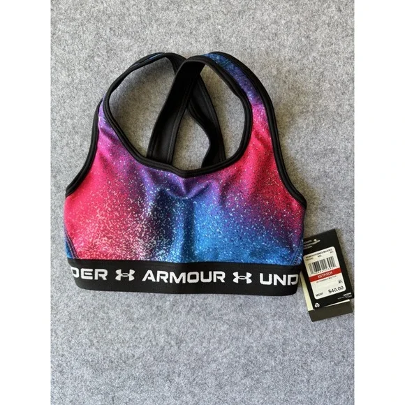 Under Armour Womens Crossback Mid Print Sports Bra Pink Blue Galaxy 1361042 XS‎