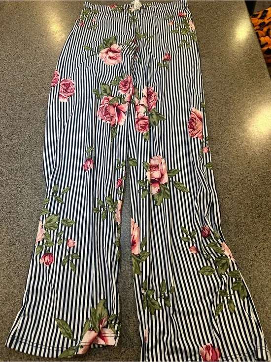 Brooks Navy & White Striped Wide-Leg Pants with Pink Rose Print