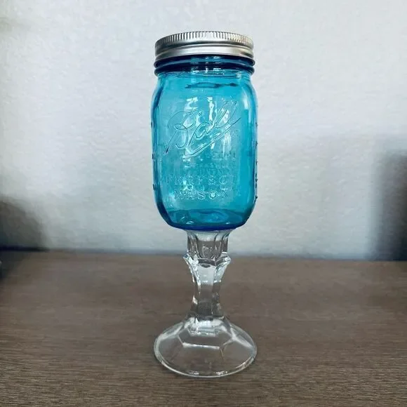 Mason Jar Blue Wine Glass Vase