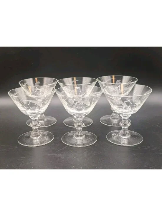 Vtg Cocktail Glasses Champagne Sherbets Set of 6 Clear Etched Floral 4 oz NOS