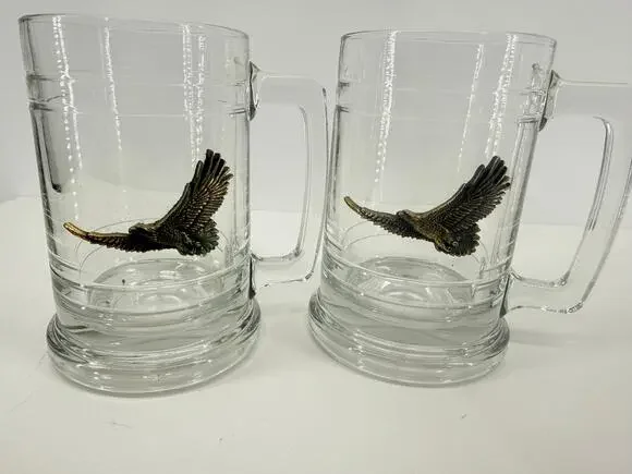 Vintage Glass Beer Steins Brass Eagle Emblems Patriotic Americana Barware Set 2