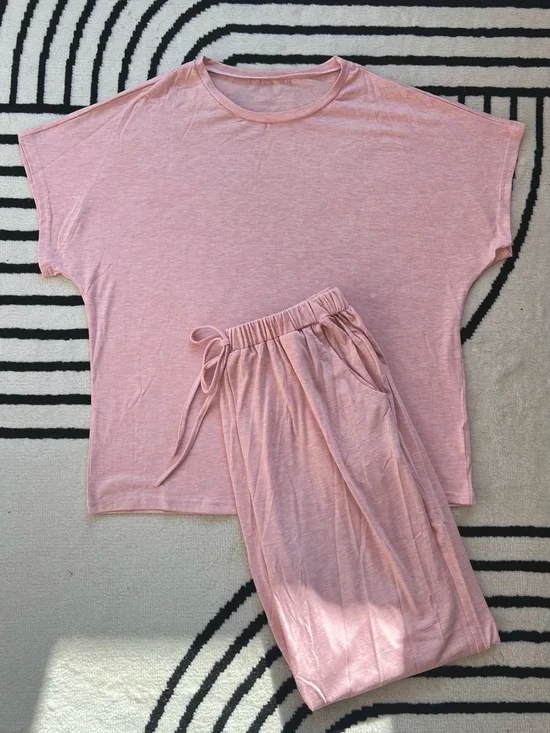 Soft Pink Lounge Set - Top & Drawstring Jogger Pants