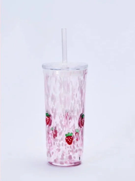 Starbucks Pink Straw Glass 16 Oz Tumbler Strawberry Accents