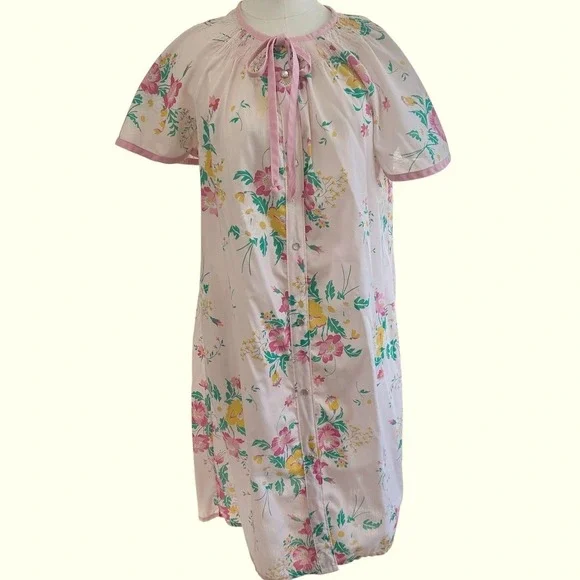 JCPenney Vintage Floral House Dress Women S Pink Snap Front Smocked Robe 1051‎