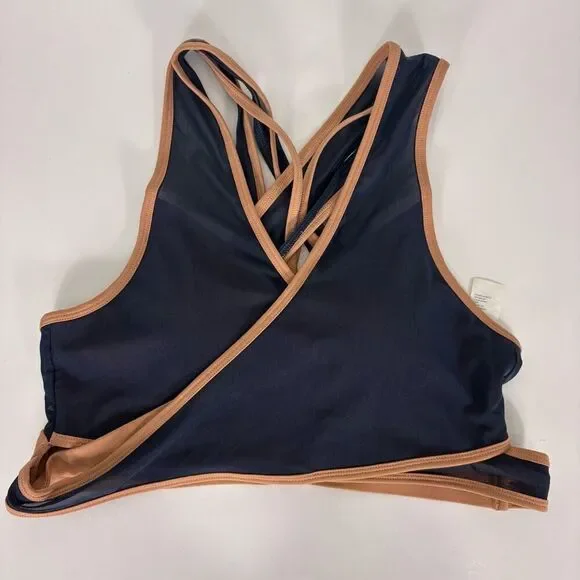 Fabletics Navy Blue‎ with Cream Wrap Strappy Back Sports Bra Size Large