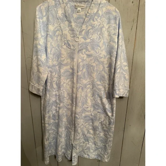 Miss Elaine Quilted Paisley  3/4-Sleeve Full Zip‎ Up Robe Blue Floral Sz-S
