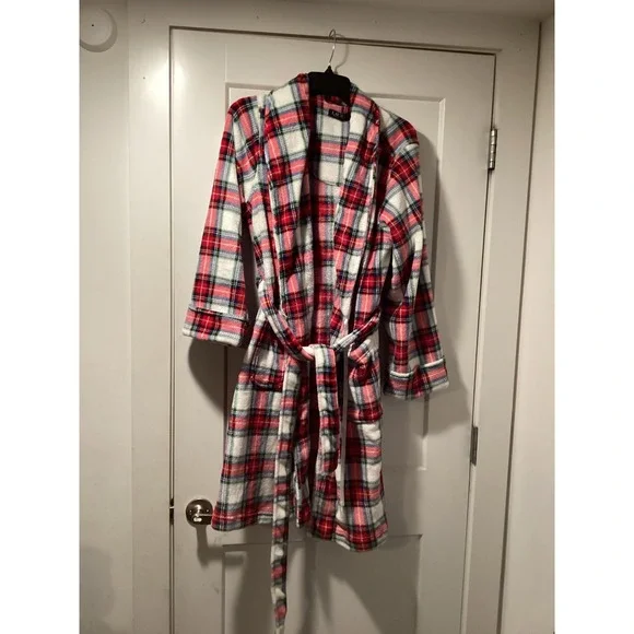Lauren Ralph Lauren‎ Womens Red Plaid Fleece Robe LRL Crest Belted Large
