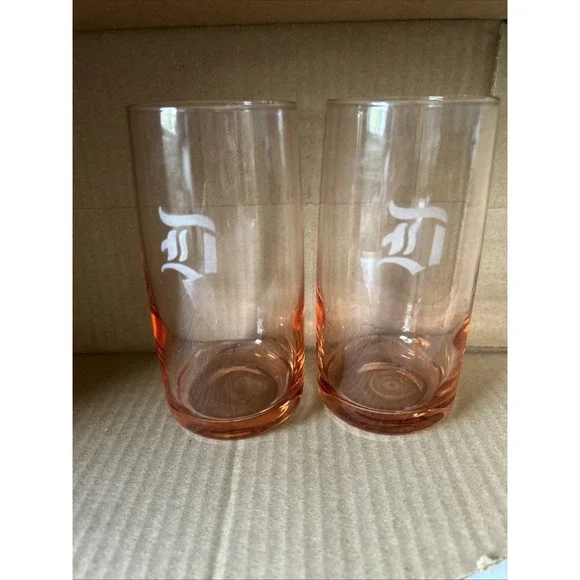 Detroit Old English D Pink Tinted Highball‎ Drinking Glasses Set of 2 Vintage