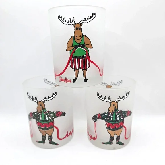 1991 VTG Neiman Marcus Knitting Reindeer Moose‎ Christmas Lowball Glasses Set-3