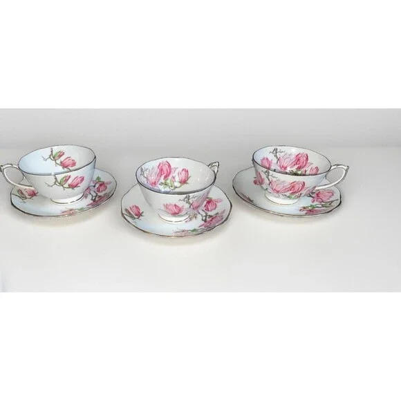 Set of 3 Roslyn China Magnolia Teacup Saucer Sets Pink Floral Gold Trim England
