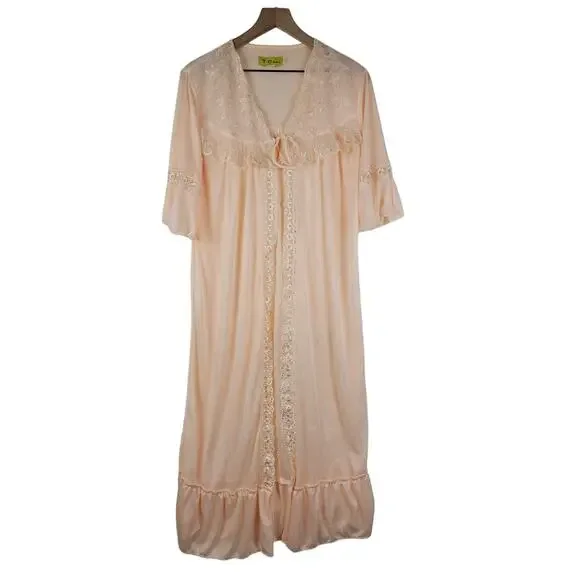 T.C‎ Fashion vintage robe peginoir tie front ruffles, pink orange sherbet XL