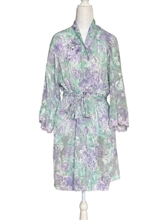 Vtg LA Intimates Robe Large Purple Green Floral Sheer Kimono Cottagecore 80s 90s