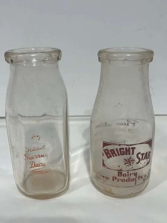 Bright Star & Golden Guernsey Dairy Clear Glass Half Pint Cream/Milk Bottles