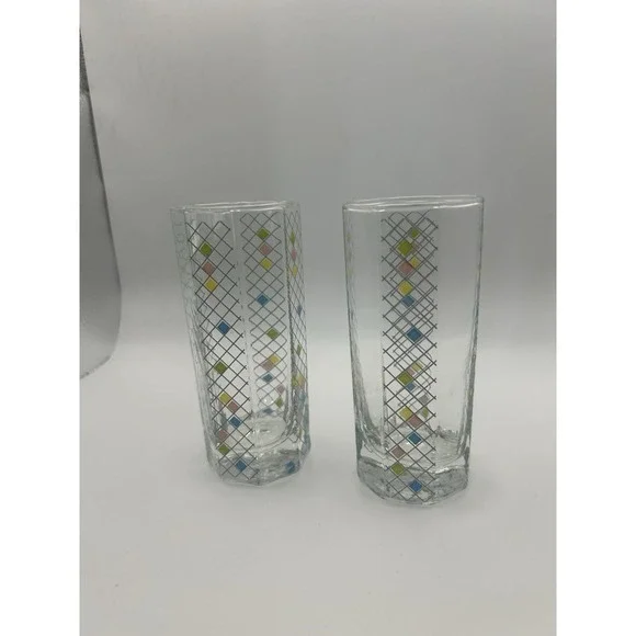 MCM Clear Glass Highball Tumblers with Multicolor Diamond Pattern (Pair)