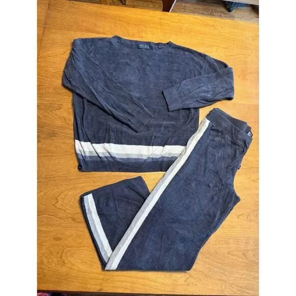 Barefoot Dreams Womens CozyChic Ultra Lite Striped Pajama Set Navy Gray Medium