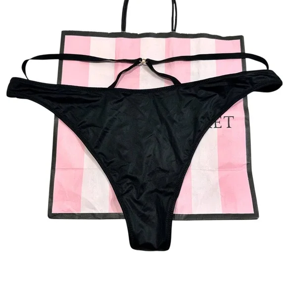 NWT Victoria's Secret Very Sexy Black Thong String G‎ String XL Gold Logo