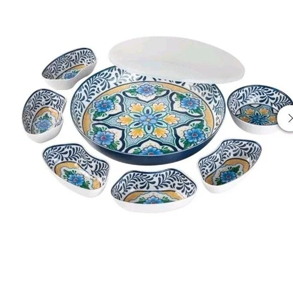 7 Piece Melamine Lazy Susan With Cover Divided Serving Dishes Floral Blue  2026