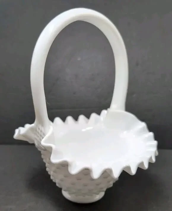 Vintage Fenton Art Glass Milk Glass Hobnail Crimped Basket Candy Dish Handle
