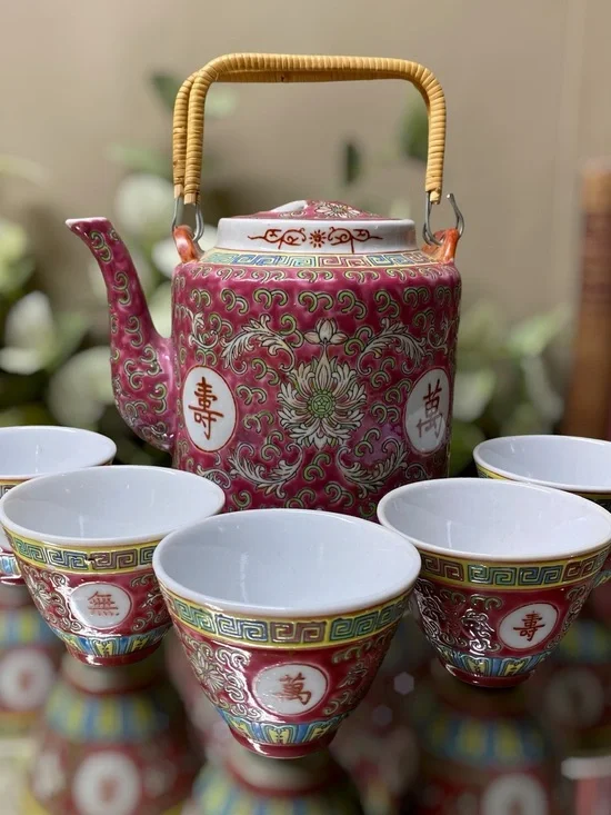 Vintage Chinese Famille Rose Pink Longevity Tea Set Teapot Cups