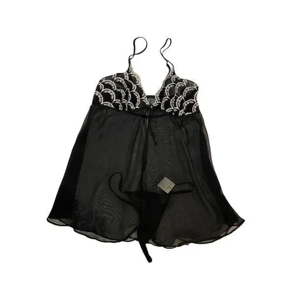 Black‎ Sheer Embroidered Bodice Open Front Teddy Slip Mini Dress Size Small