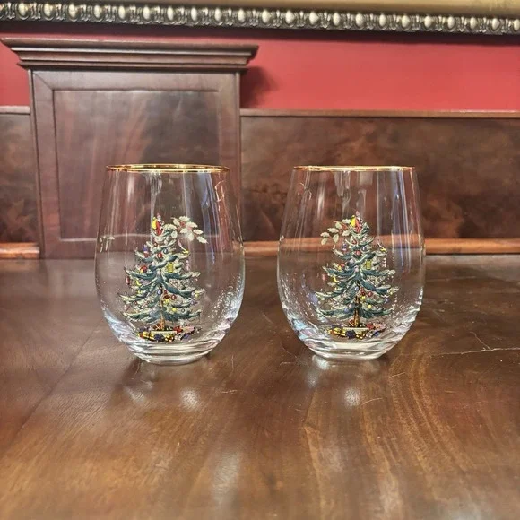 Spode Christmas Tree Stemless Wine Glasses Gold Trim Holiday Cocktail Set of‎ 2